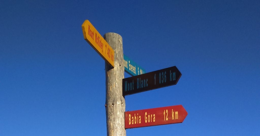 Zdjęcie przedstawia słup z oznaczeniami różnych kierunków